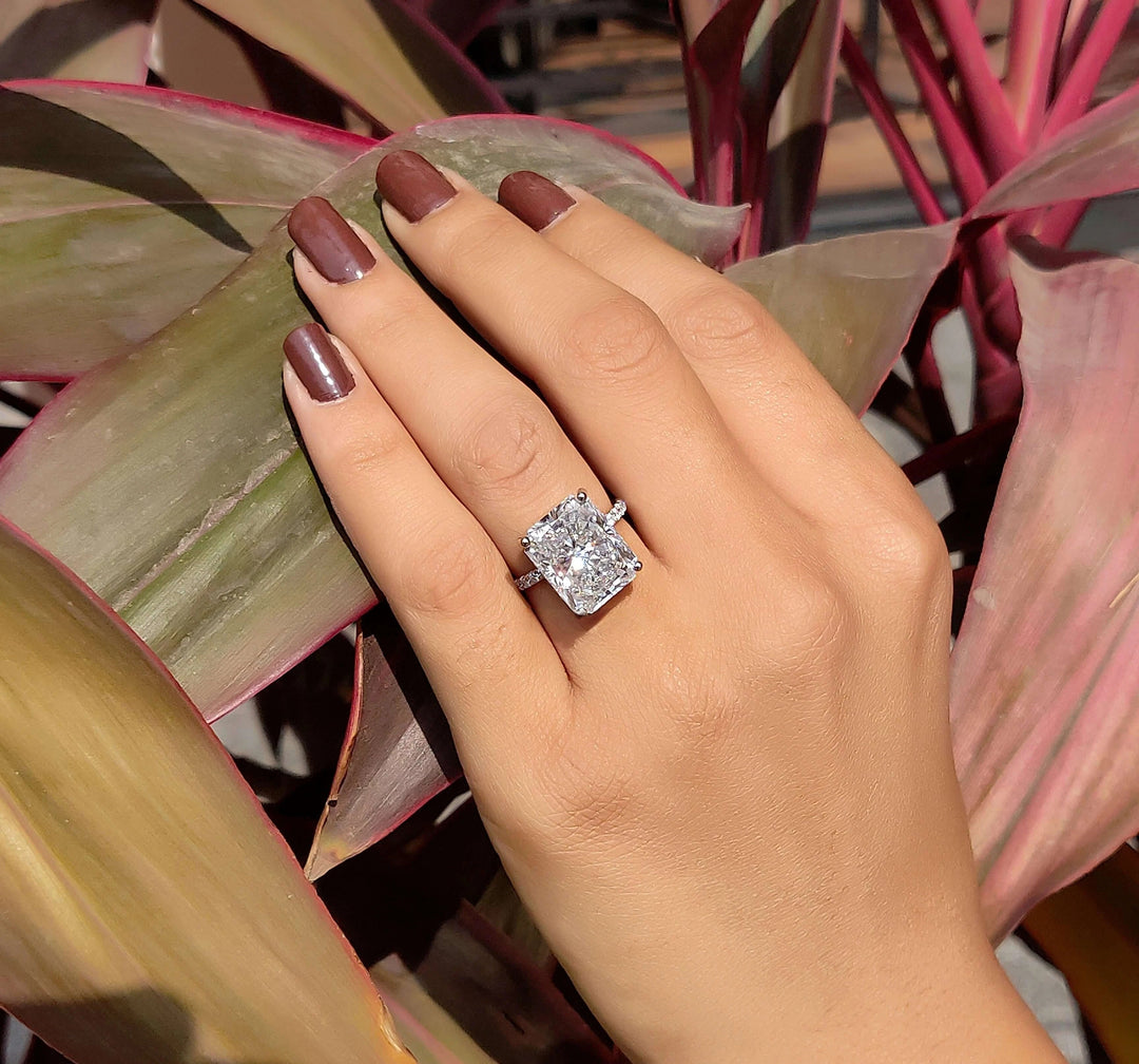 Moissanite Ring - Sparkling Radiant Cut Engagement Ring with Halo