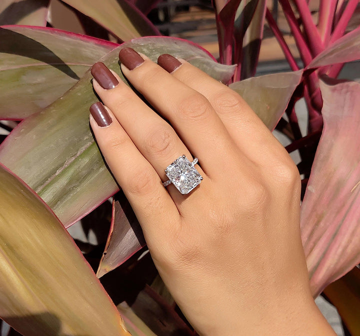 Moissanite Ring - Sparkling Radiant Cut Engagement Ring with Halo