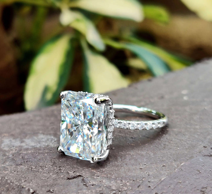 Moissanite Ring - Sparkling Radiant Cut Engagement Ring with Halo