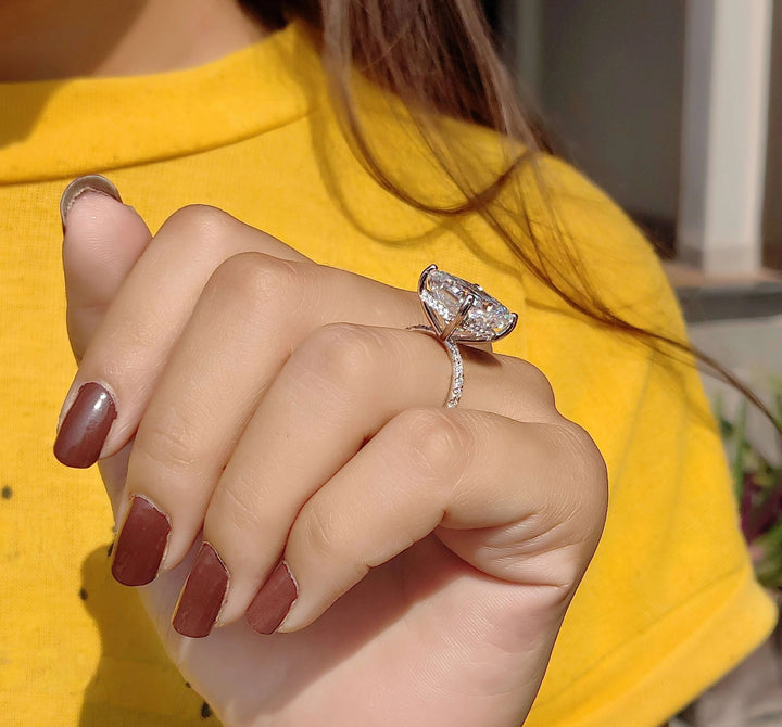 Moissanite Ring - Sparkling Radiant Cut Engagement Ring with Halo