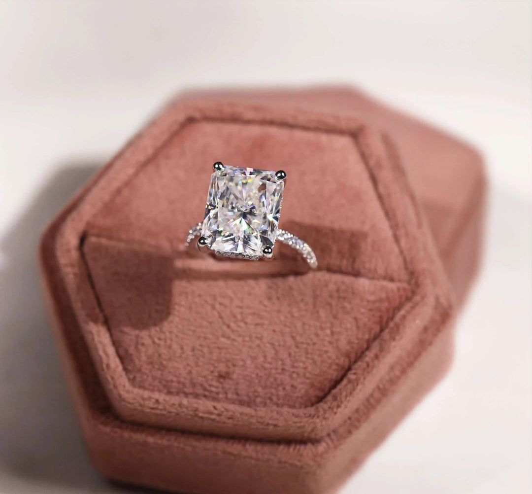Moissanite Ring - Sparkling Radiant Cut Engagement Ring with Halo