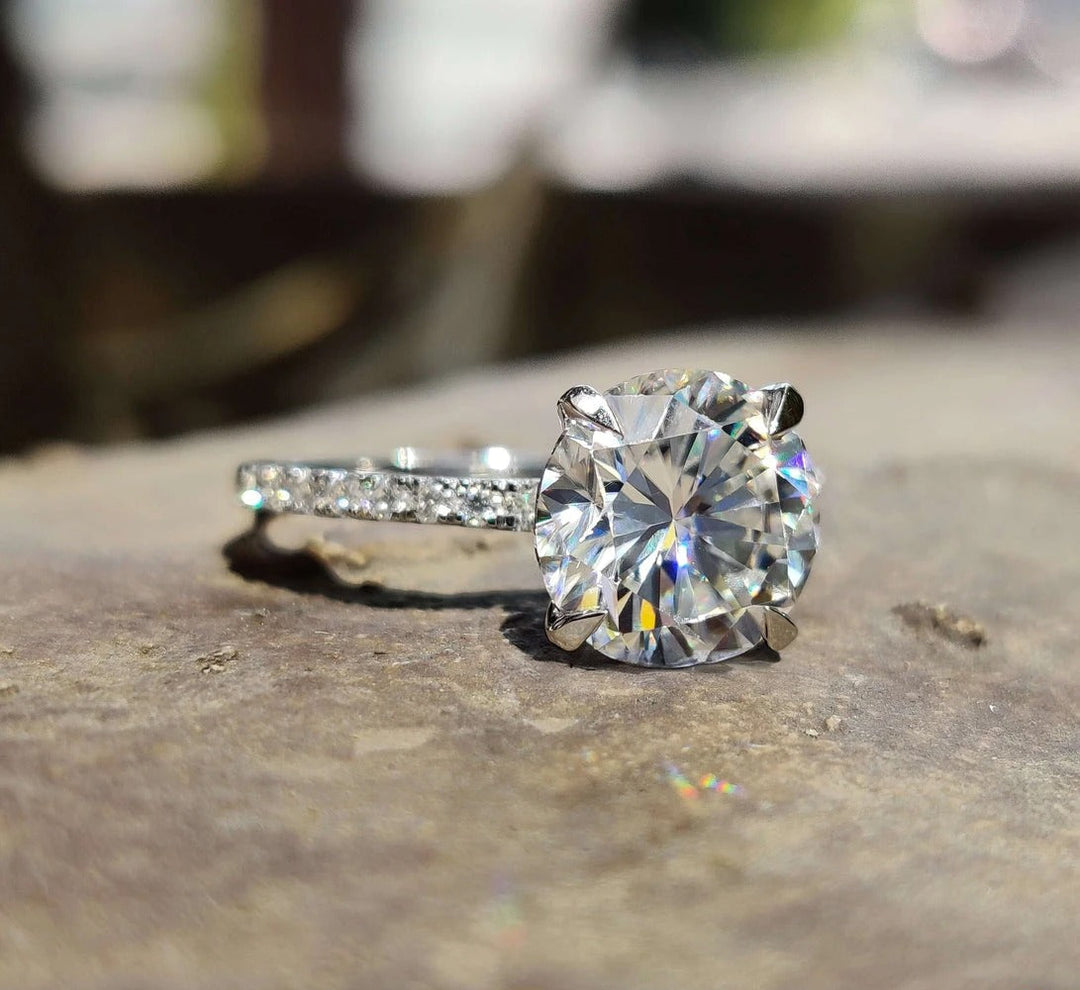 Moissanite Ring - Classic Pave Set Round Diamond Wedding Ring