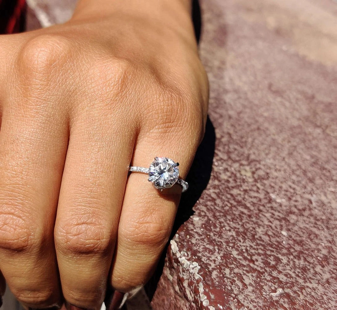 Moissanite Ring - Classic Pave Set Round Diamond Wedding Ring