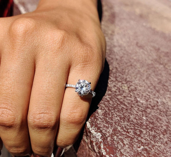 Moissanite Ring - Classic Pave Set Round Diamond Wedding Ring