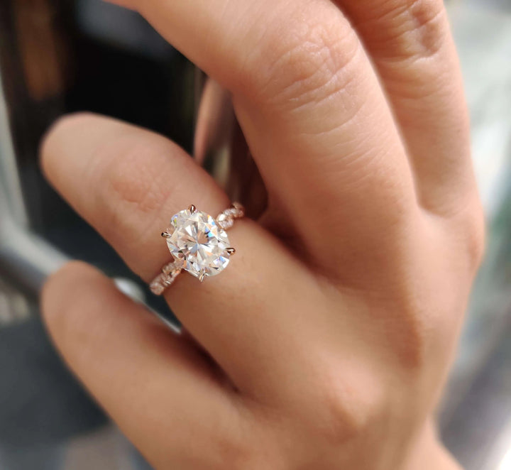 Moissanite Ring - Dazzling Rope Pave Engagement Ring with Oval Center