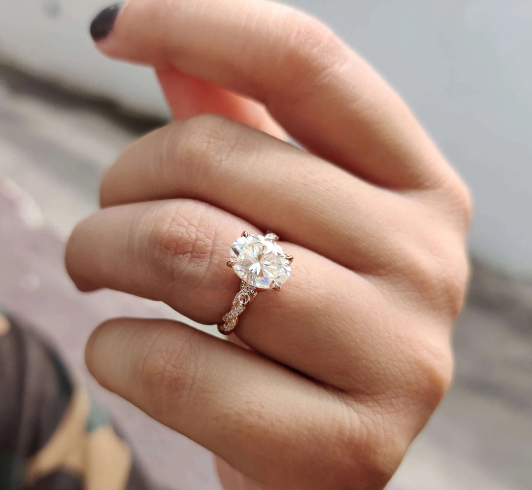 Moissanite Ring - Dazzling Rope Pave Engagement Ring with Oval Center
