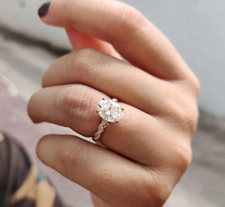 Moissanite Ring - Dazzling Rope Pave Engagement Ring with Oval Center