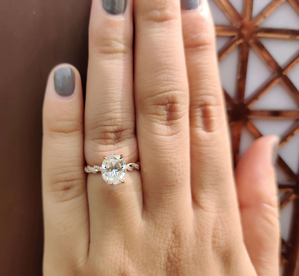 Moissanite Ring - Dazzling Rope Pave Engagement Ring with Oval Center