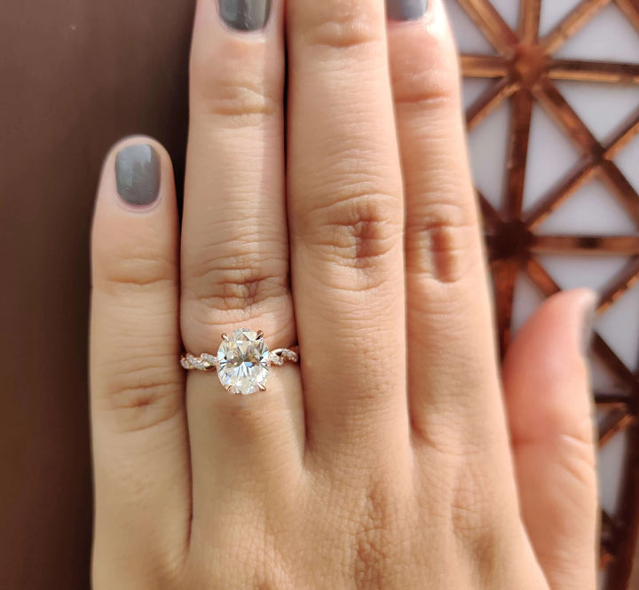 Moissanite Ring - Dazzling Rope Pave Engagement Ring with Oval Center