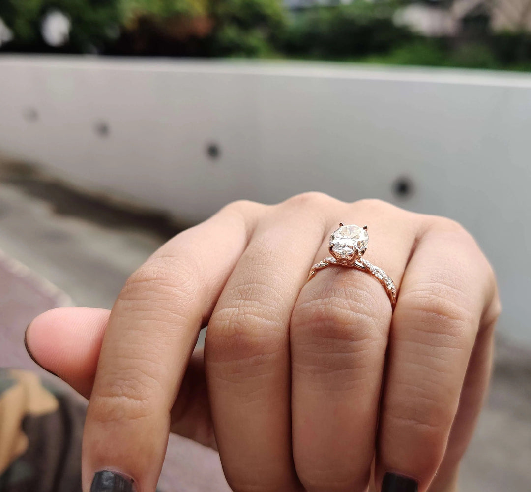 Moissanite Ring - Dazzling Rope Pave Engagement Ring with Oval Center