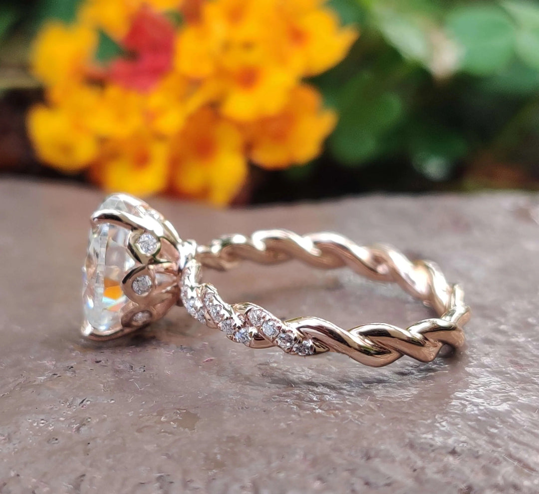 Moissanite Ring - Dazzling Rope Pave Engagement Ring with Oval Center