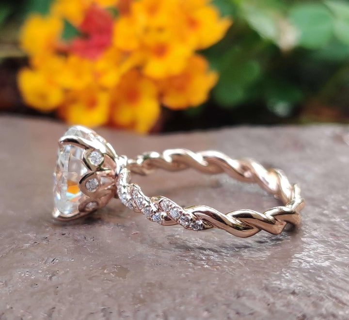 Moissanite Ring - Dazzling Rope Pave Engagement Ring with Oval Center