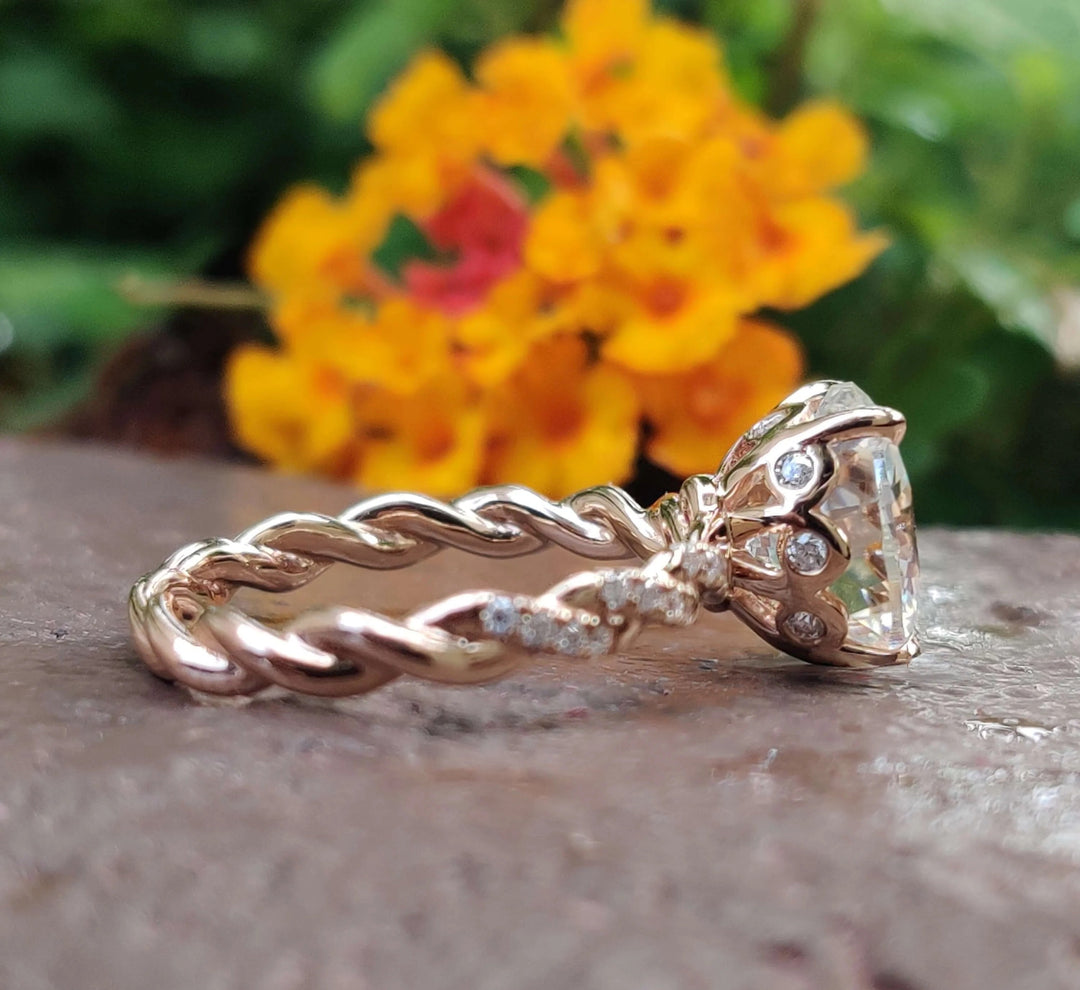 Moissanite Ring - Dazzling Rope Pave Engagement Ring with Oval Center