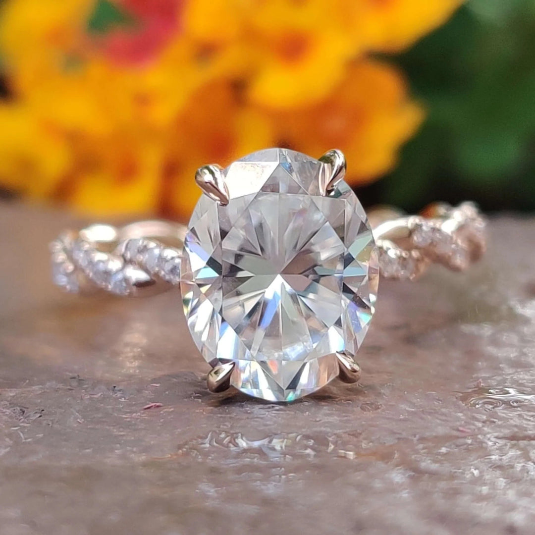 Moissanite Ring - Dazzling Rope Pave Engagement Ring with Oval Center
