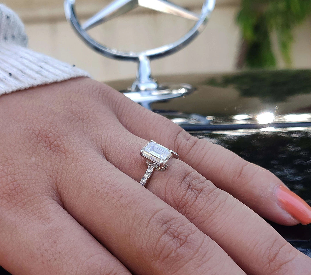 Moissanite Ring - Elegant Emerald Cut Engagement Ring with Hidden Halo