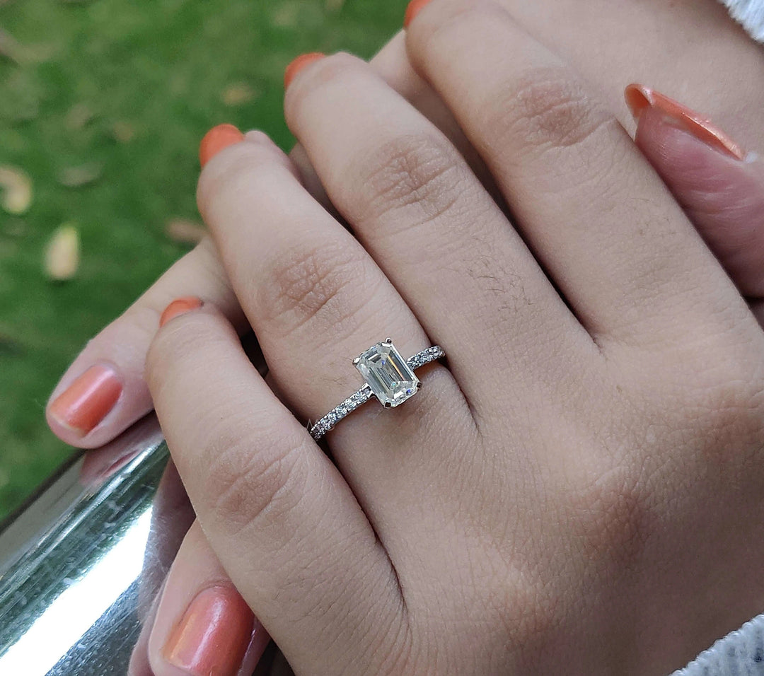 Moissanite Ring - Elegant Emerald Cut Engagement Ring with Hidden Halo