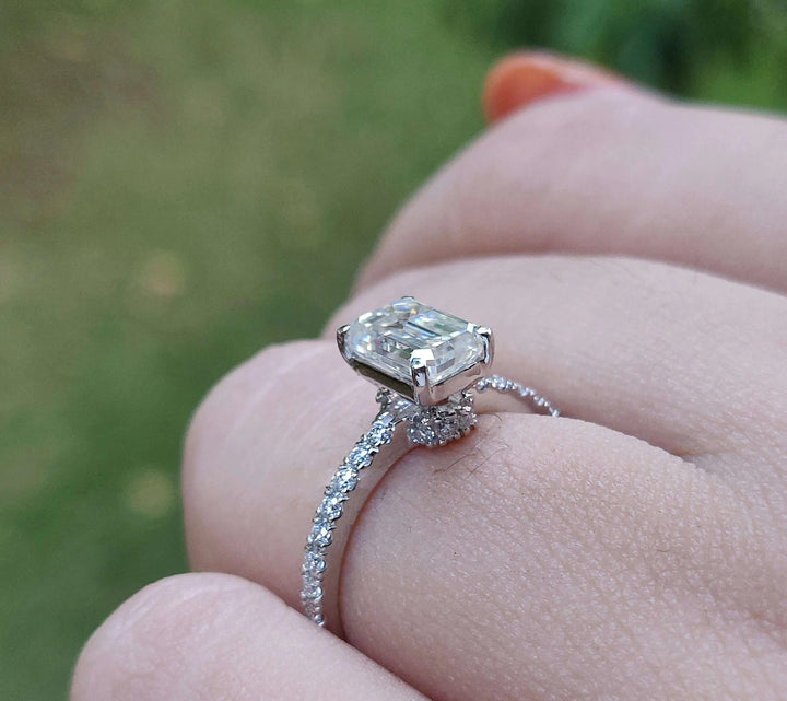 Moissanite Ring - Elegant Emerald Cut Engagement Ring with Hidden Halo