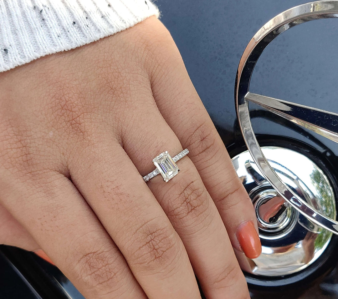 Moissanite Ring - Elegant Emerald Cut Engagement Ring with Hidden Halo