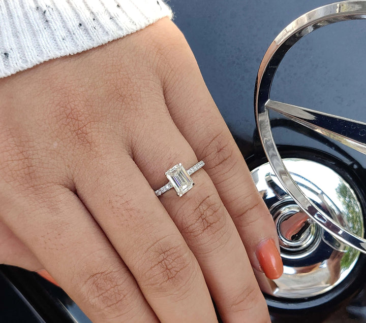 Moissanite Ring - Elegant Emerald Cut Engagement Ring with Hidden Halo