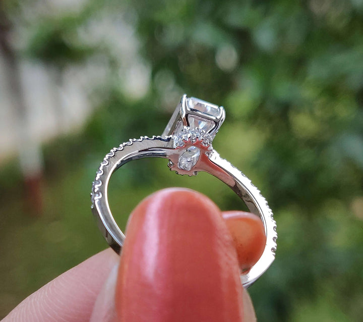 Moissanite Ring - Elegant Emerald Cut Engagement Ring with Hidden Halo