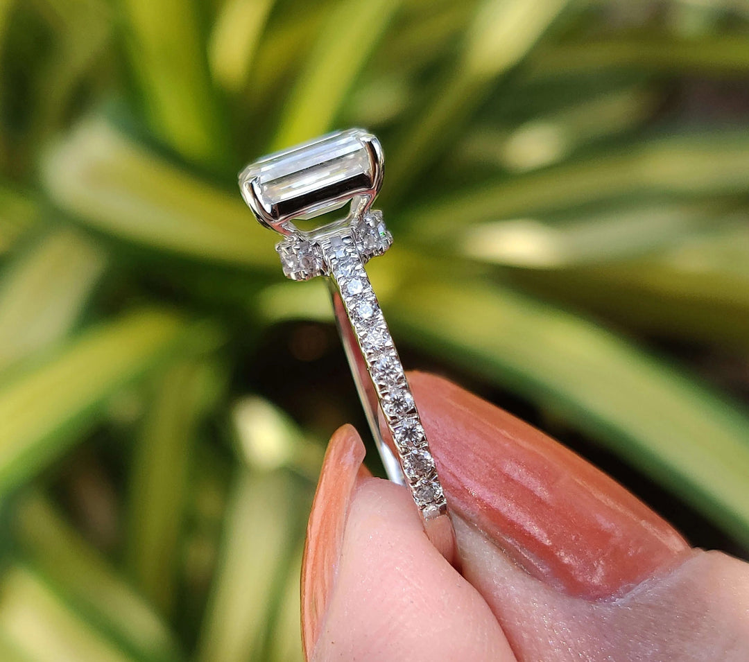 Moissanite Ring - Elegant Emerald Cut Engagement Ring with Hidden Halo