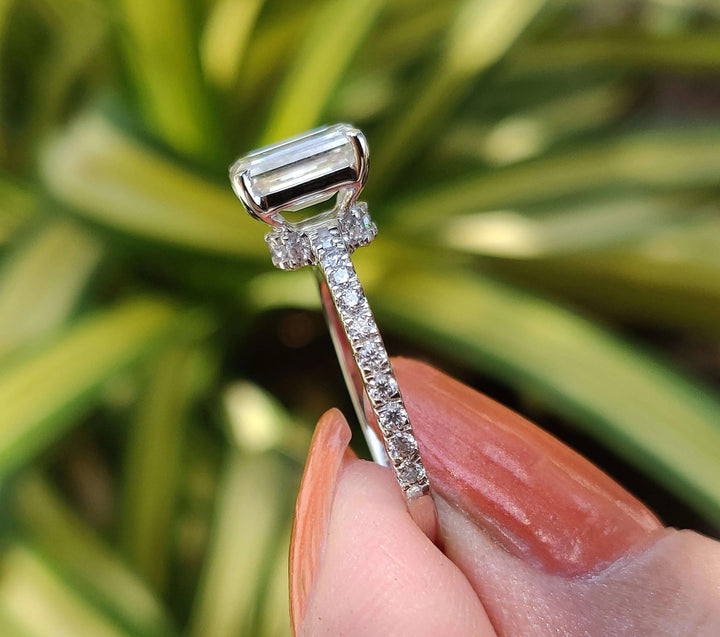 Moissanite Ring - Elegant Emerald Cut Engagement Ring with Hidden Halo