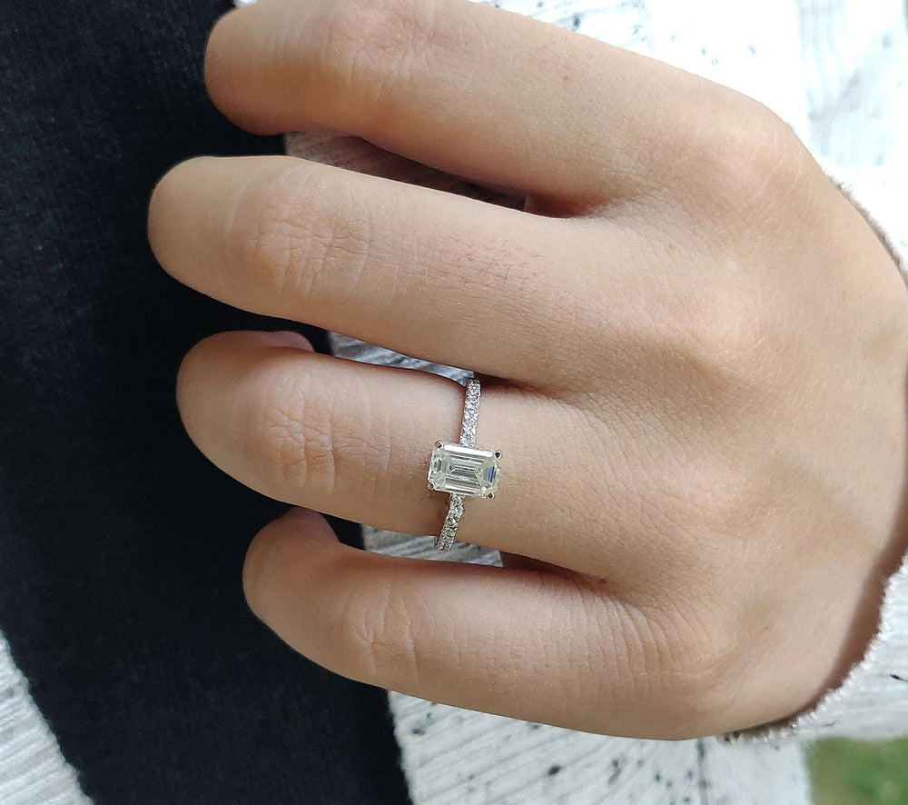 Moissanite Ring - Elegant Emerald Cut Engagement Ring with Hidden Halo