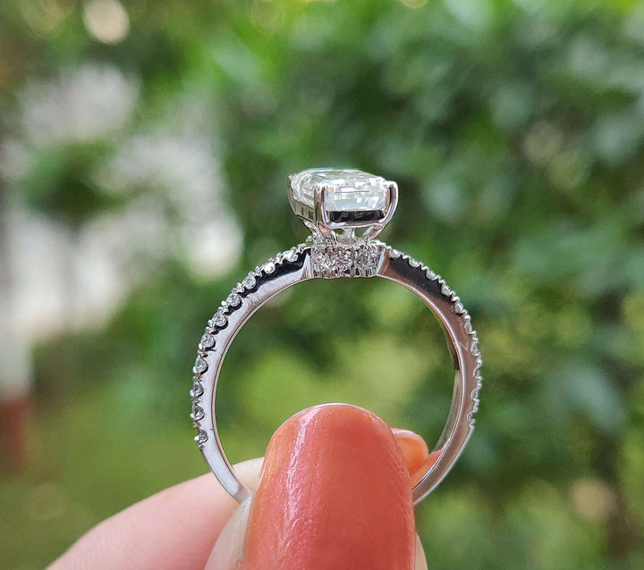 Moissanite Ring - Elegant Emerald Cut Engagement Ring with Hidden Halo