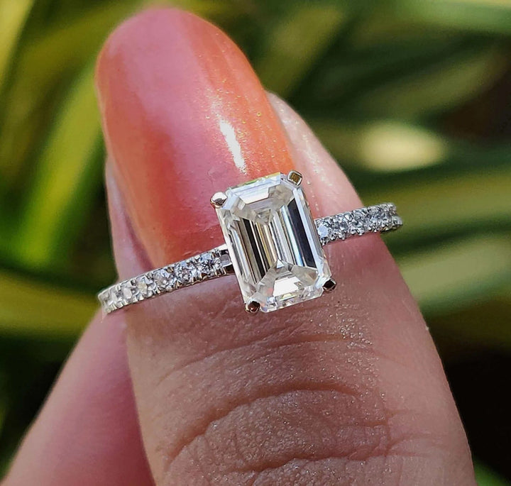 Moissanite Ring - Elegant Emerald Cut Engagement Ring with Hidden Halo