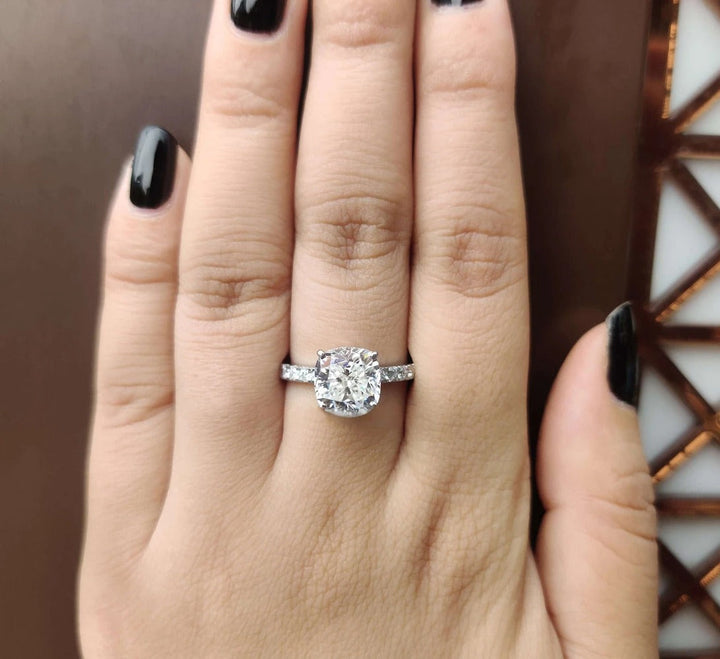 Moissanite Ring - Elegant Double Halo Cushion Cut Engagement Ring