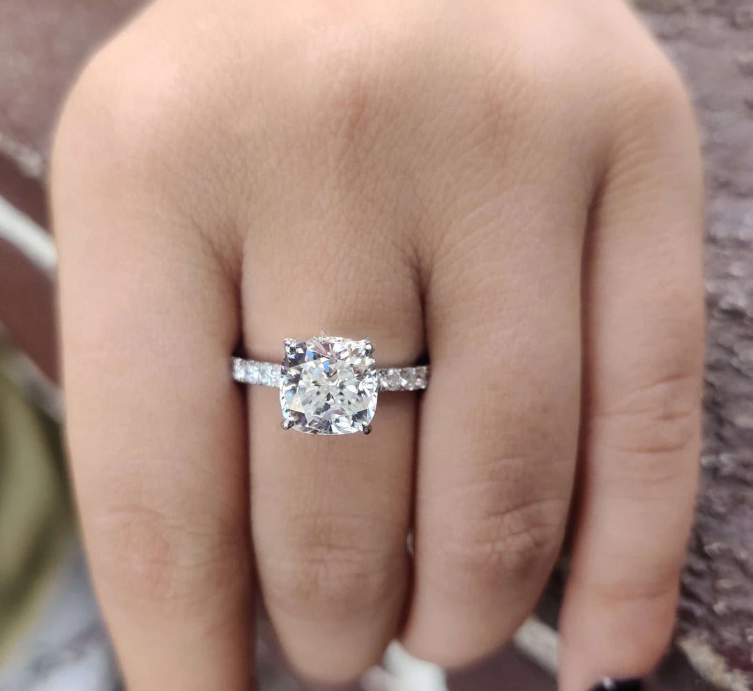 Moissanite Ring - Elegant Double Halo Cushion Cut Engagement Ring