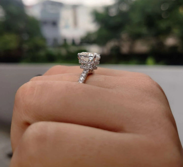 Moissanite Ring - Elegant Double Halo Cushion Cut Engagement Ring