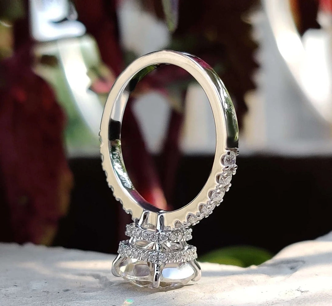 Moissanite Ring - Elegant Double Halo Cushion Cut Engagement Ring