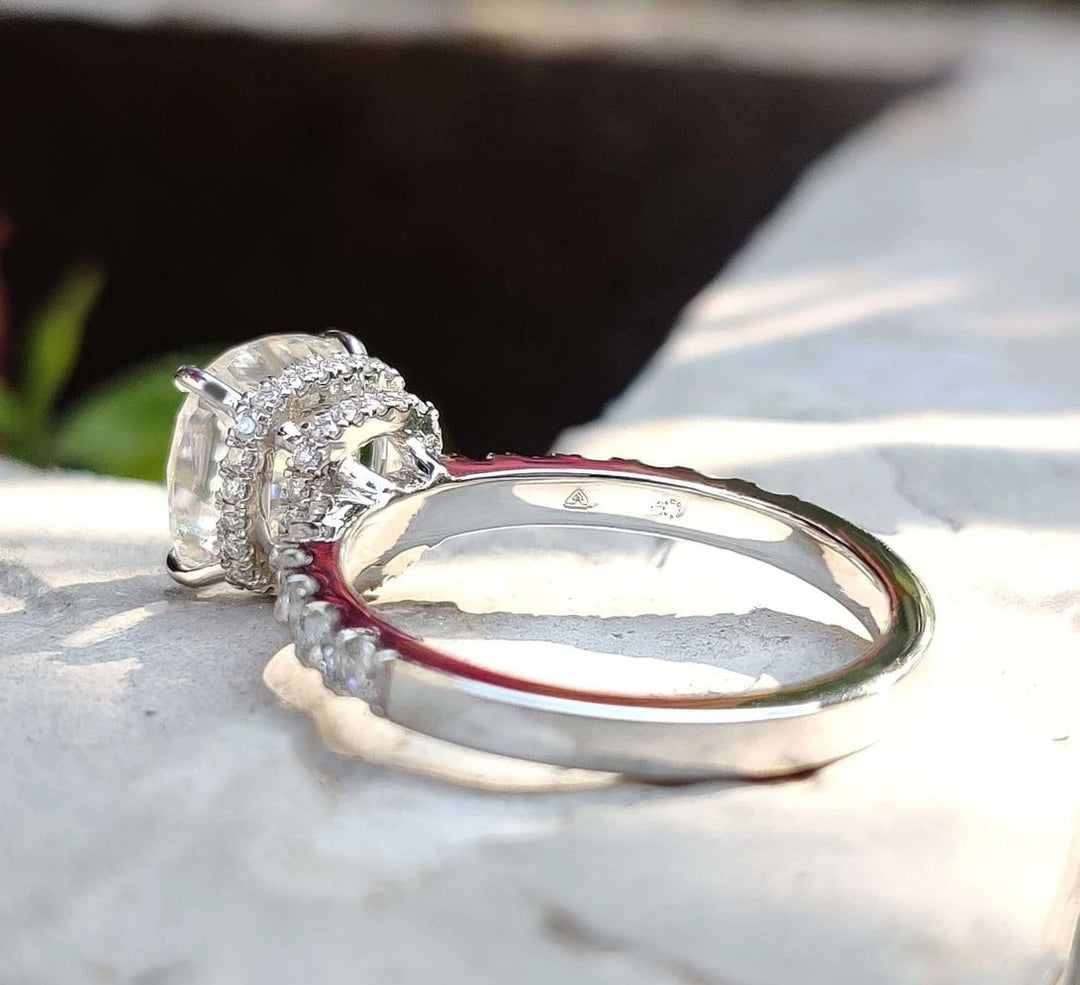 Moissanite Ring - Elegant Double Halo Cushion Cut Engagement Ring