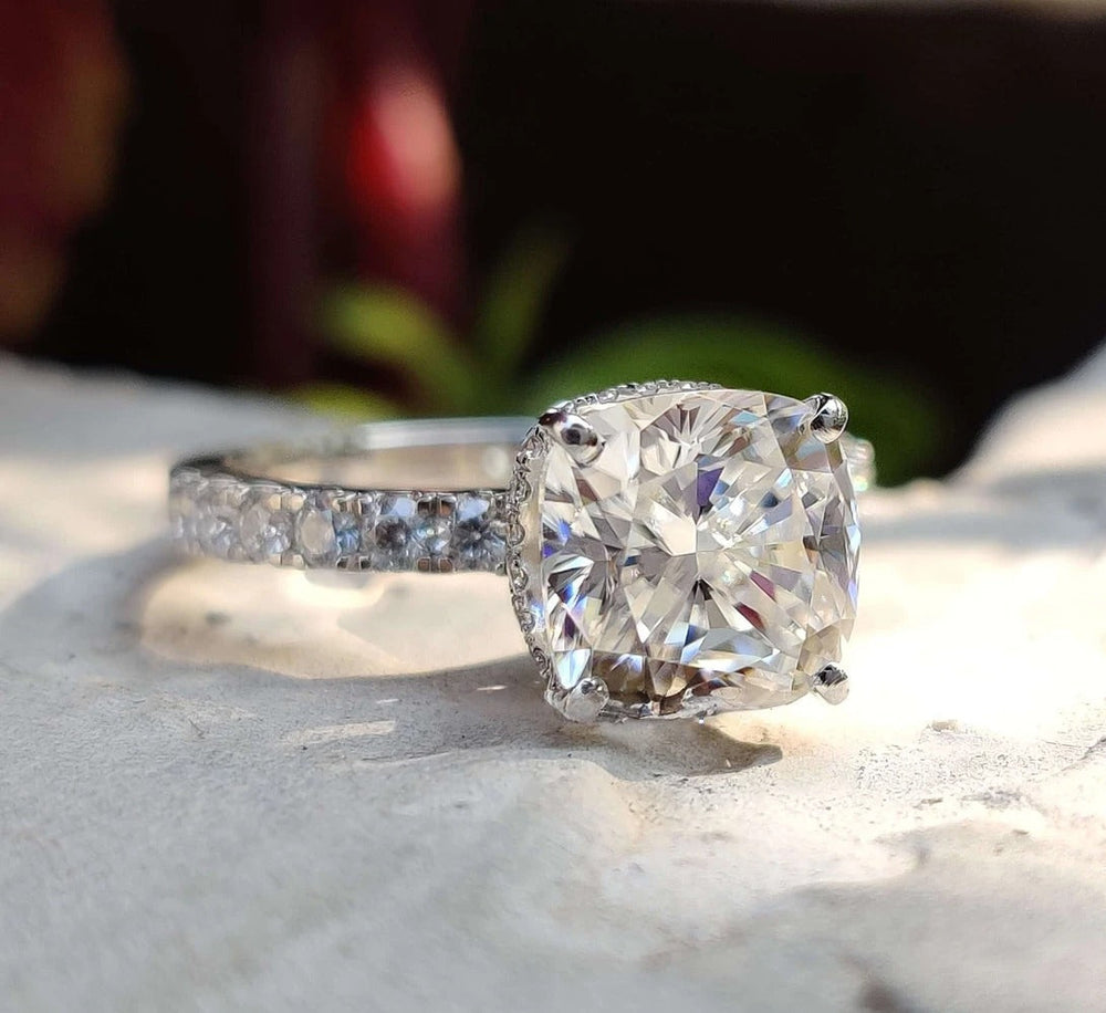 Moissanite Ring - Elegant Double Halo Cushion Cut Engagement Ring