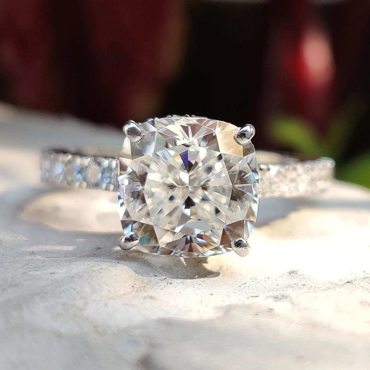 Moissanite Ring - Elegant Double Halo Cushion Cut Engagement Ring