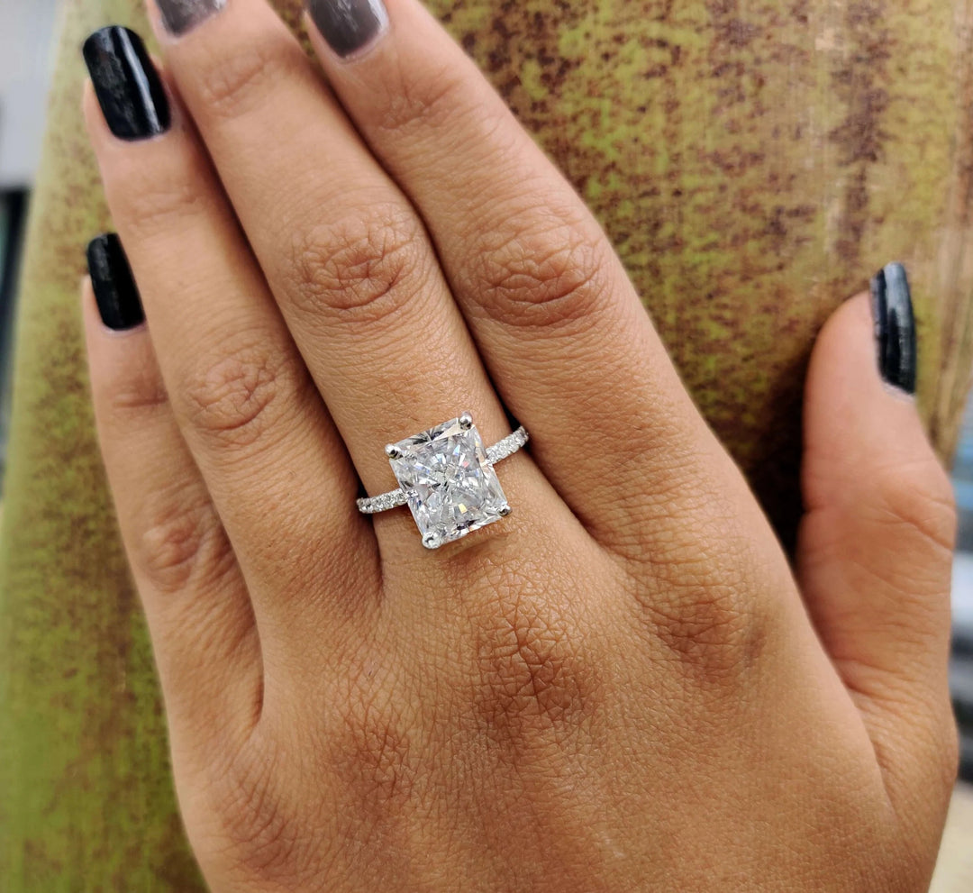Moissanite Ring - Elegant Hidden Halo Pave Set Engagement Ring