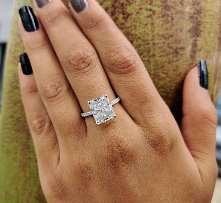 Moissanite Ring - Elegant Hidden Halo Pave Set Engagement Ring