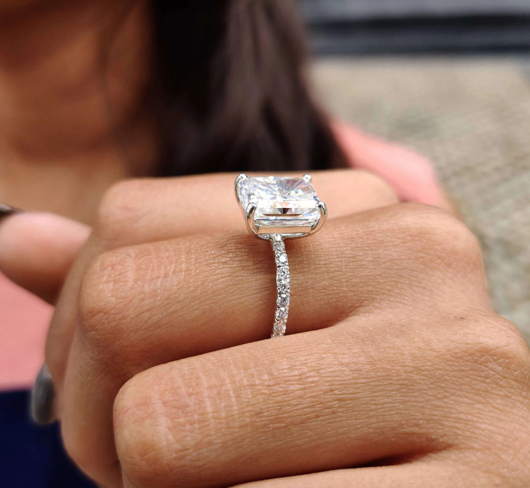 Moissanite Ring - Elegant Hidden Halo Pave Set Engagement Ring