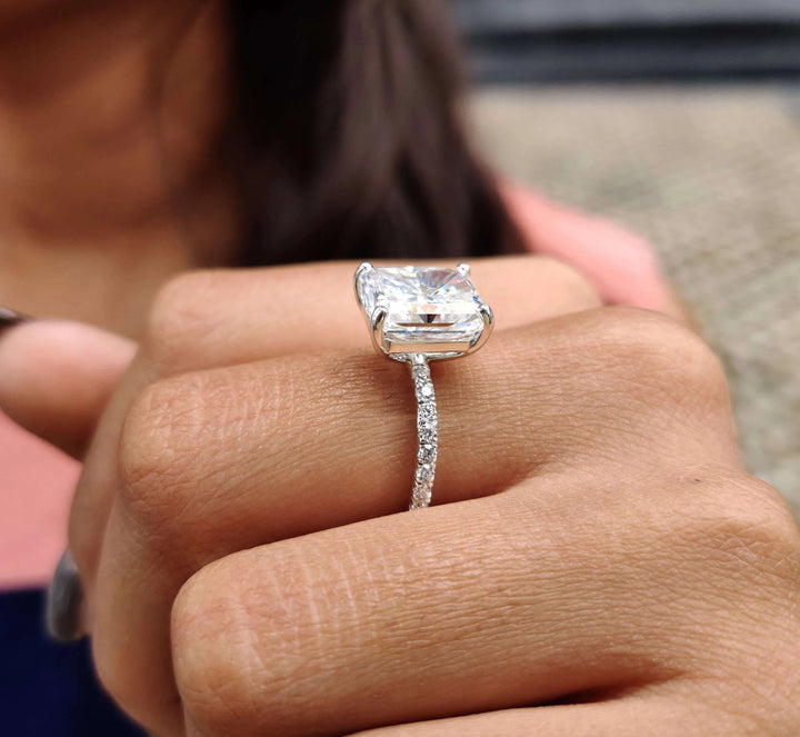 Moissanite Ring - Elegant Hidden Halo Pave Set Engagement Ring