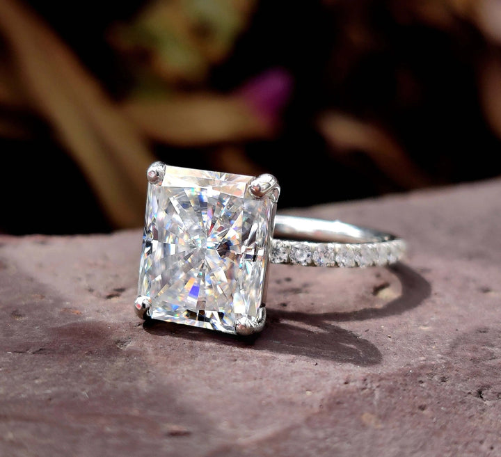 Moissanite Ring - Elegant Hidden Halo Pave Set Engagement Ring