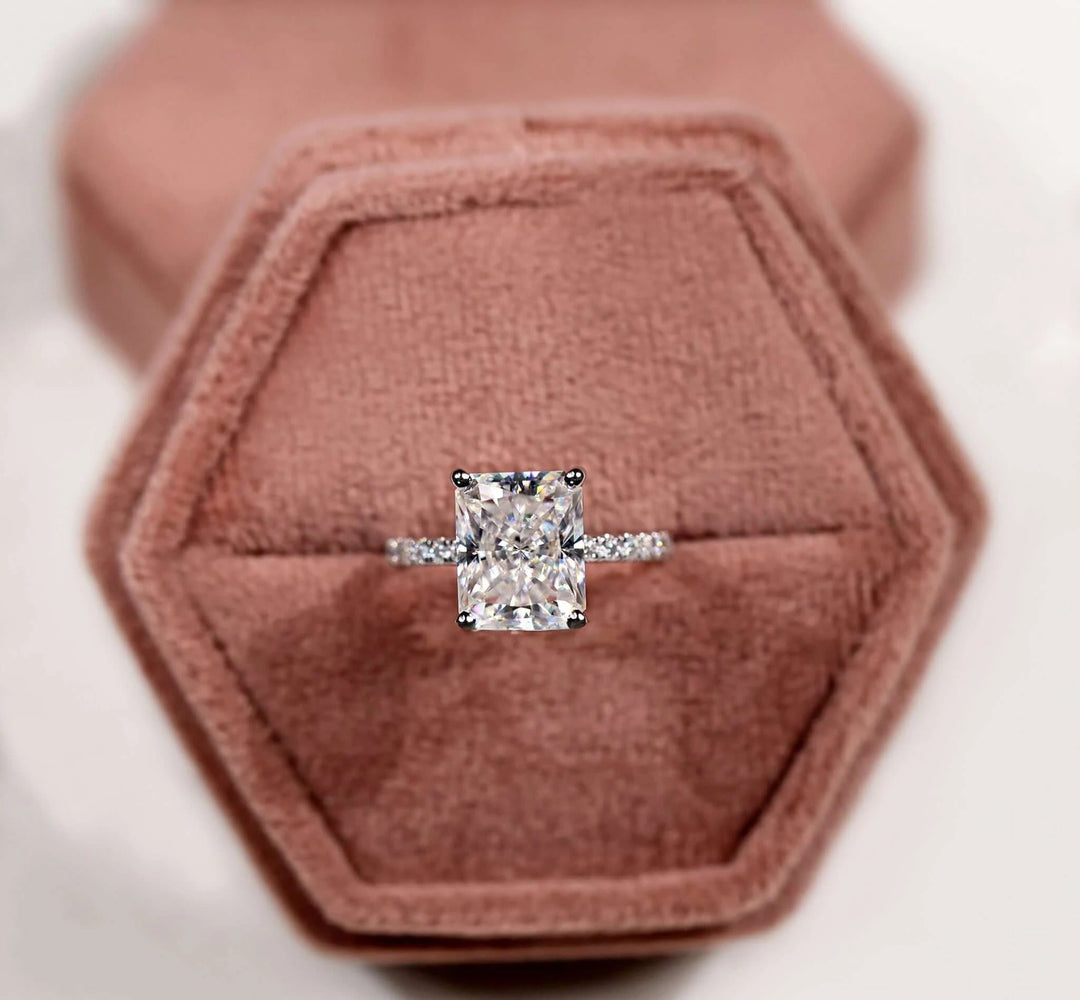 Moissanite Ring - Elegant Hidden Halo Pave Set Engagement Ring