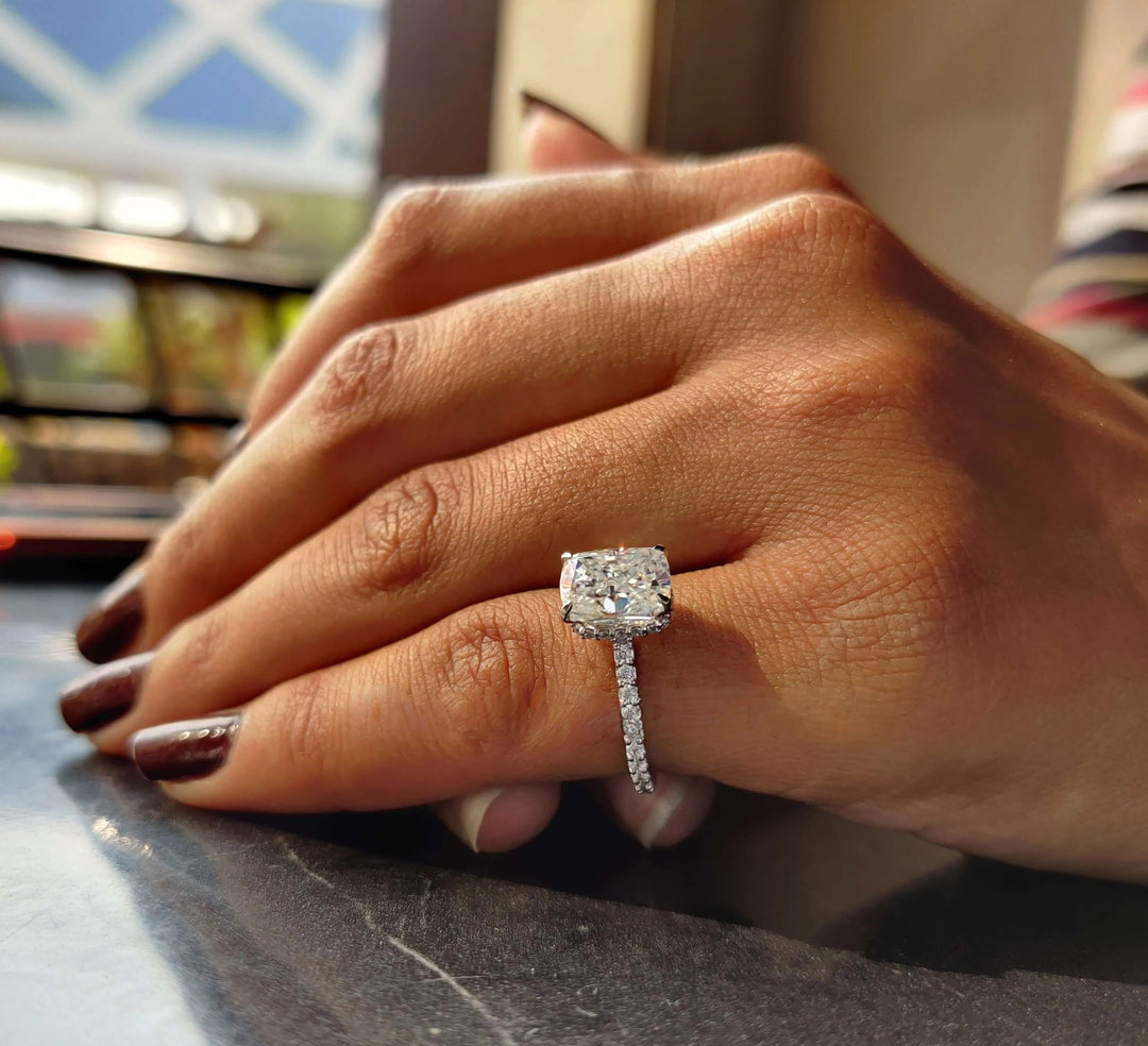Moissanite Ring - Elegant Hidden Halo Cushion Cut Engagement Ring