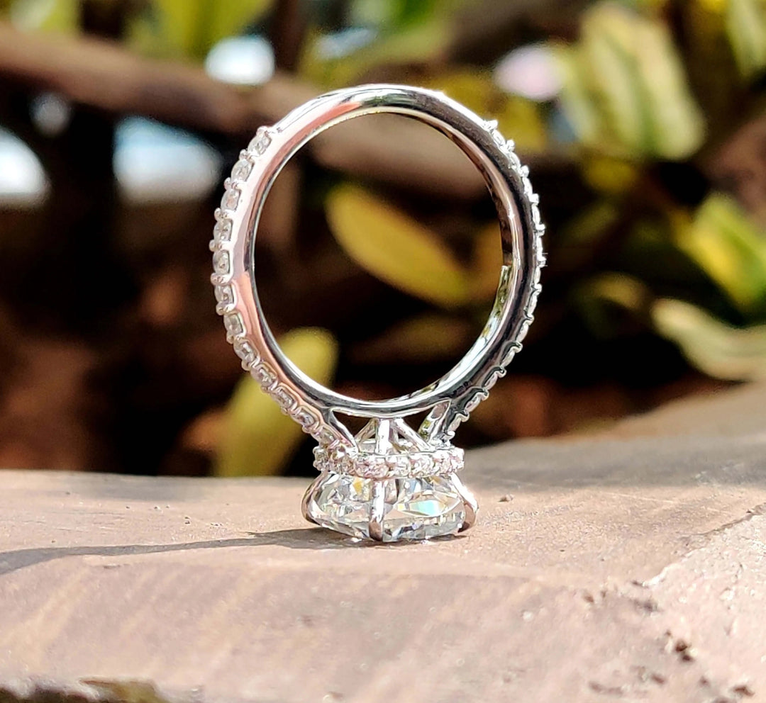 Moissanite Ring - Elegant Hidden Halo Cushion Cut Engagement Ring
