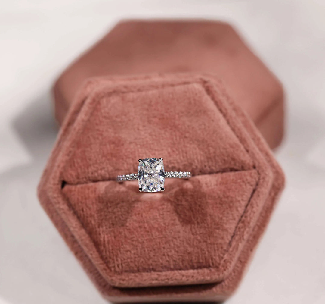 Moissanite Ring - Elegant Hidden Halo Cushion Cut Engagement Ring
