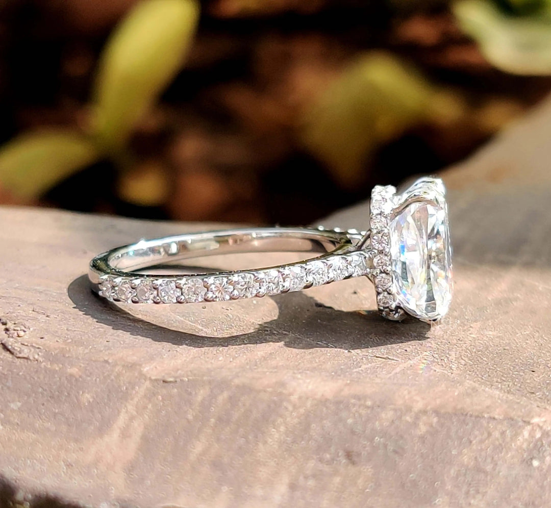 Moissanite Ring - Elegant Hidden Halo Cushion Cut Engagement Ring