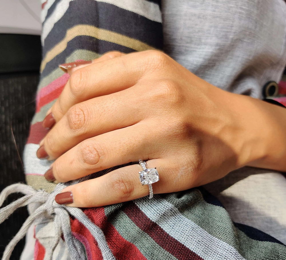 Moissanite Ring - Elegant Hidden Halo Cushion Cut Engagement Ring