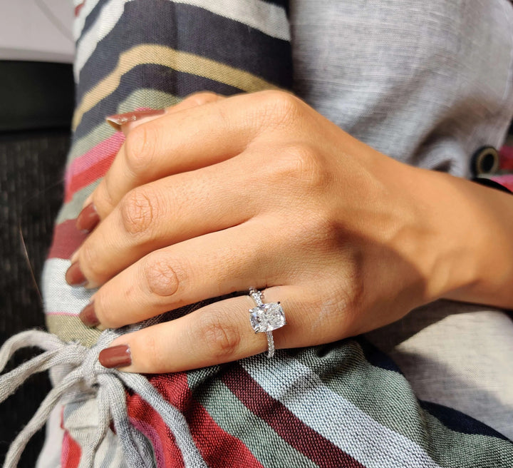 Moissanite Ring - Elegant Hidden Halo Cushion Cut Engagement Ring