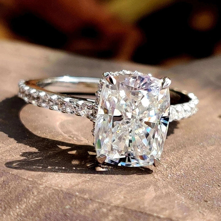 Moissanite Ring - Elegant Hidden Halo Cushion Cut Engagement Ring