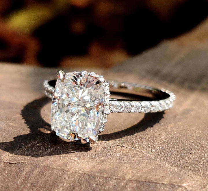 Moissanite Ring - Elegant Hidden Halo Cushion Cut Engagement Ring